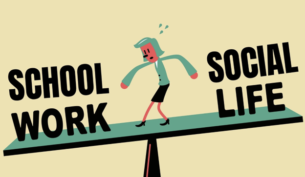 Image of person on see saw with one side labeled school work and the other side labeled social life