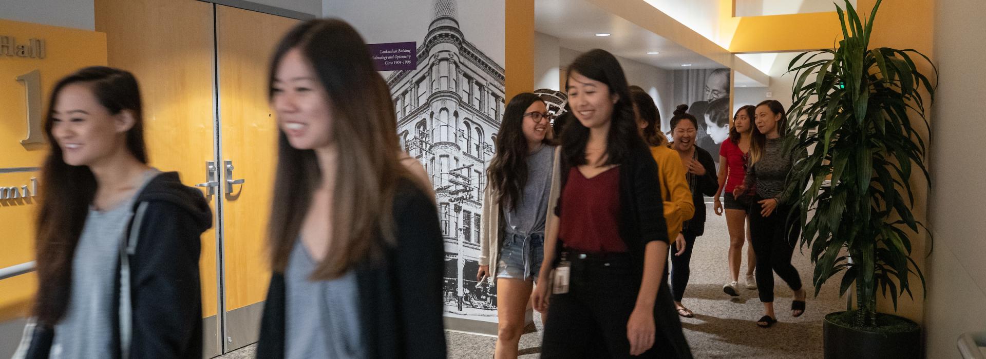Students walking through lecture halls inside M.B. Ketchum Memorial Library