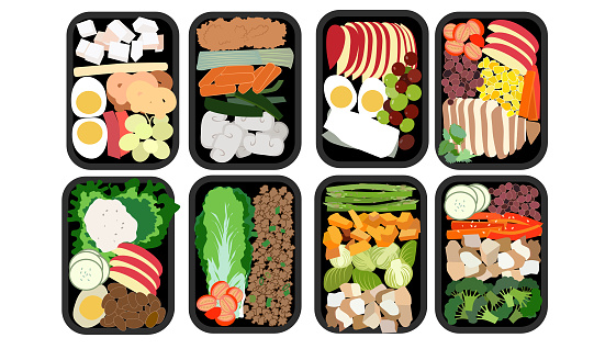 Image of eight prepared meals in separate containers.