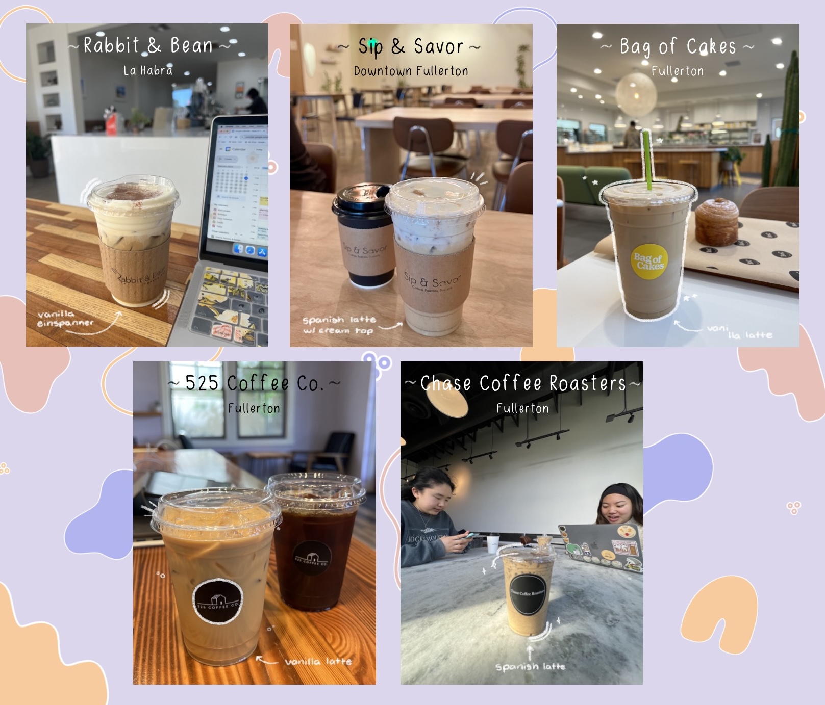 An image showing a variety of ices coffee drinks with the name of the coffee shop they are from listed above.