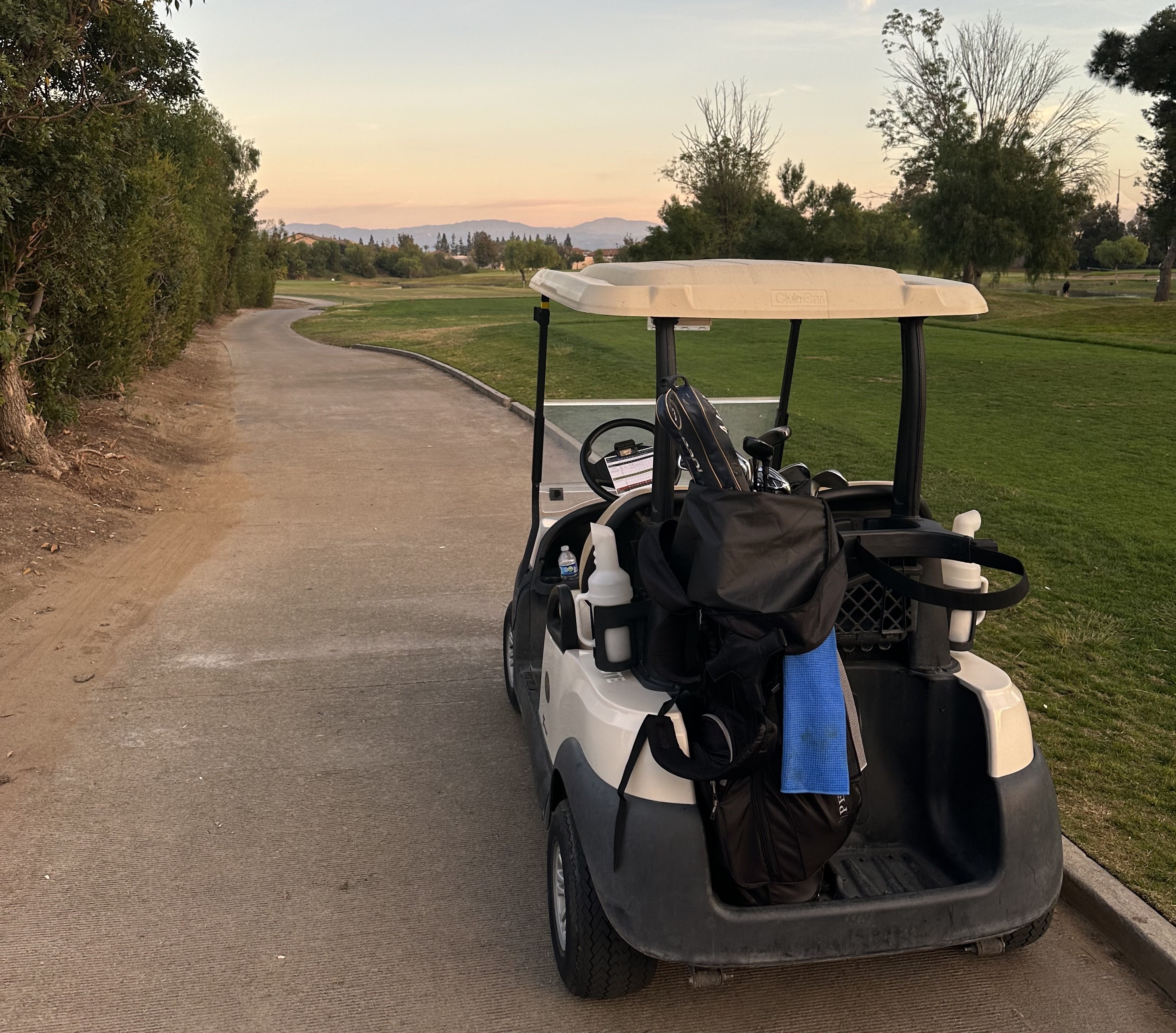 Picture of a old cart parked on a pathway alongside a golf course.