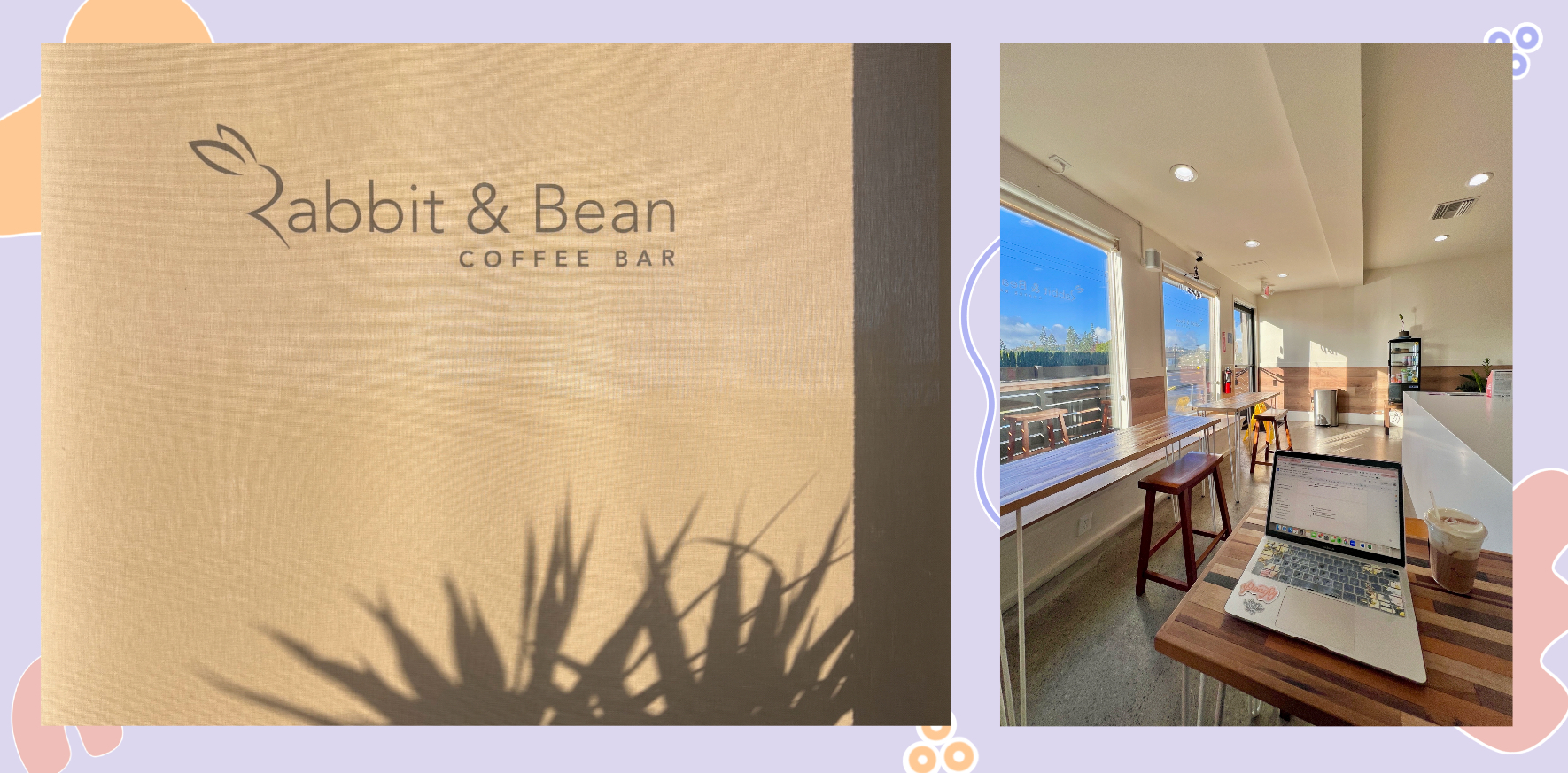 A photo showing the inside of a coffee shop with large windows and a laptop on a table. Next to the photo of the coffee shop there is a sign that reads "Rabbit and Bean Coffee Bar"