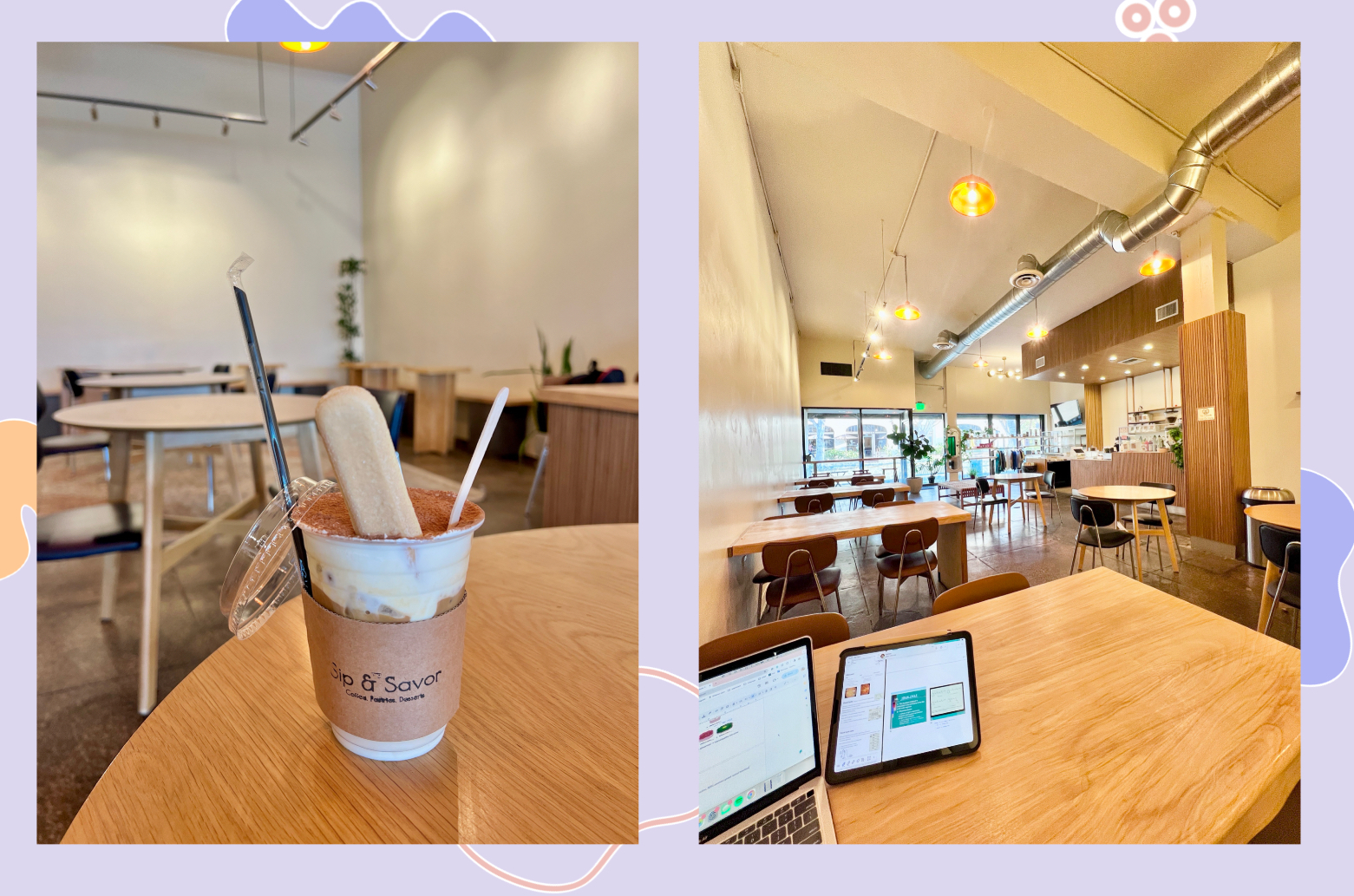 Two photos on the interior of a coffee shop side by side. The first shows an iced coffee drink with the lid off. The second shows tables and chairs.