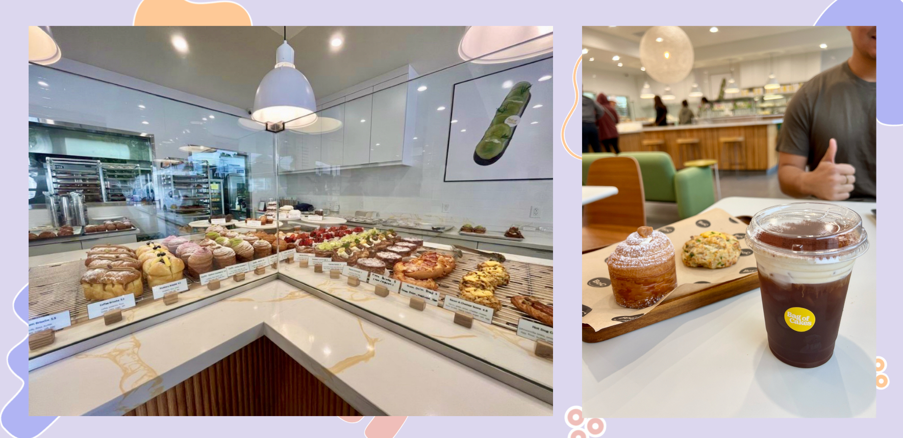 Side by side images. The first shows an assortment of pastries behind a glass partition. The second shows and iced coffee drink and two pastries on a table with someone giving a thumbs up.