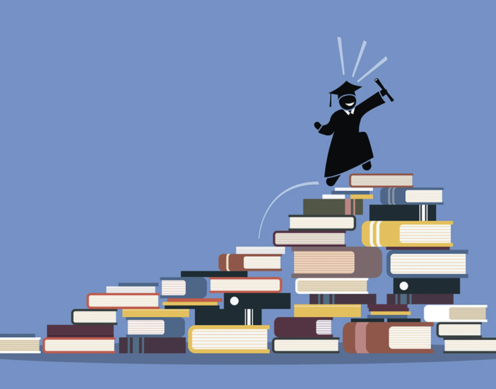 Image of graduate climbing to the top of books