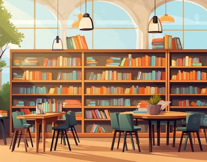 an image of tables and chairs in a library with books on shelves