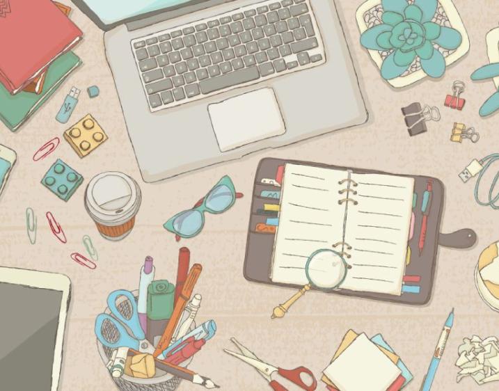 An illustration of a items scattered on a desk surrounding a laptop and notebook.