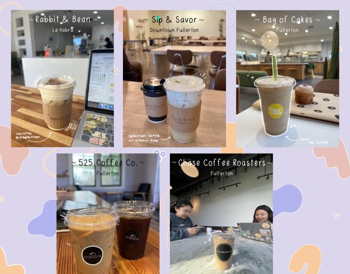 An image showing a variety of ices coffee drinks with the name of the coffee shop they are from listed above.