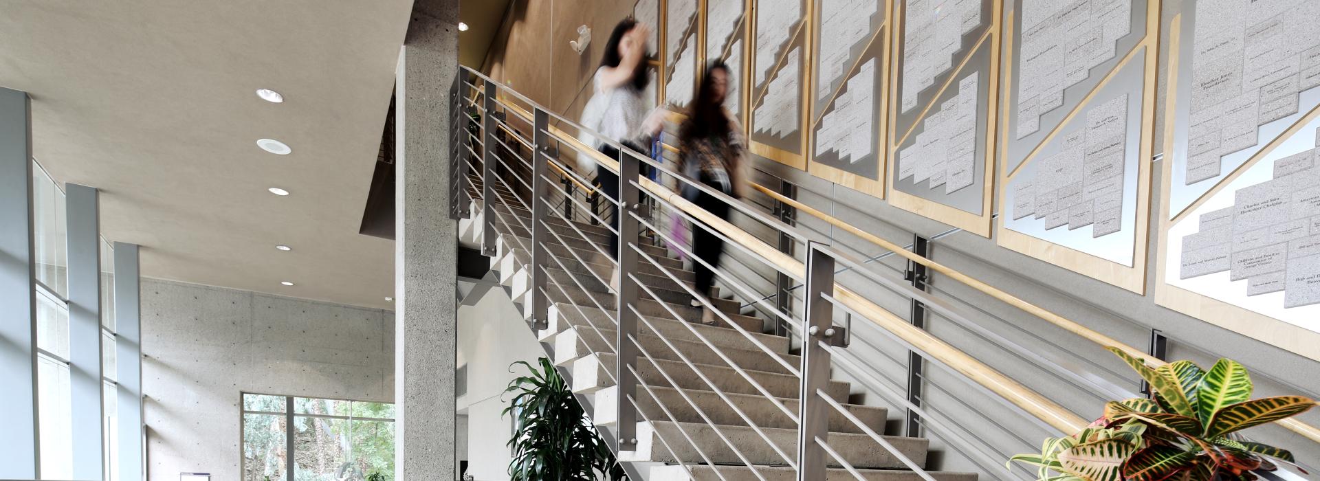 Students walking down library staircase